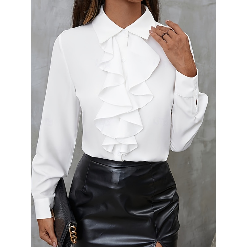 Women's Shirt Blouse Solid Color Business Modern Casual Long Sleeve Shirt Collar Regular Tops Work Formal Wear Ruffle Buttons Black White Summer Spring3