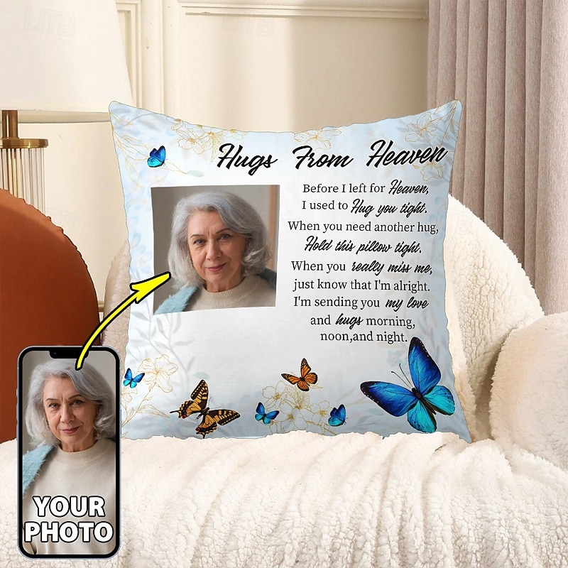 Custom Memorial Pillow Cover Photo Cushion Cover Throw Pillow Sympathy Gift Personalized Memorial Gifts Hugs From Heaven