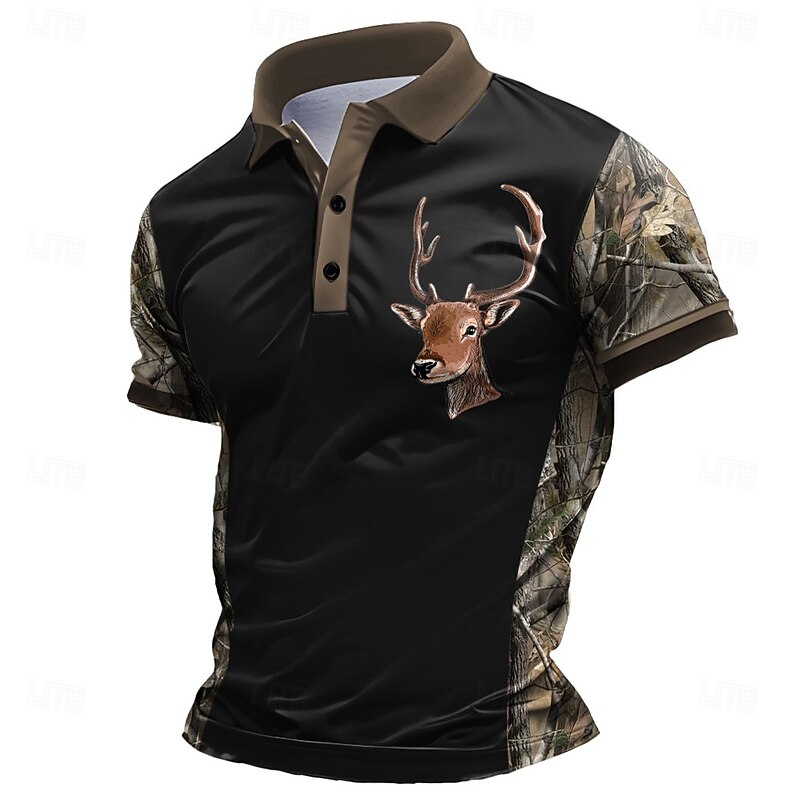 Men's Deer Polo Short Sleeve Polo Shirts Collared Shirts Casual School Outdoor Daily Wear Home Wear 3D Print Summer Spring Fall Black Brown Gray2