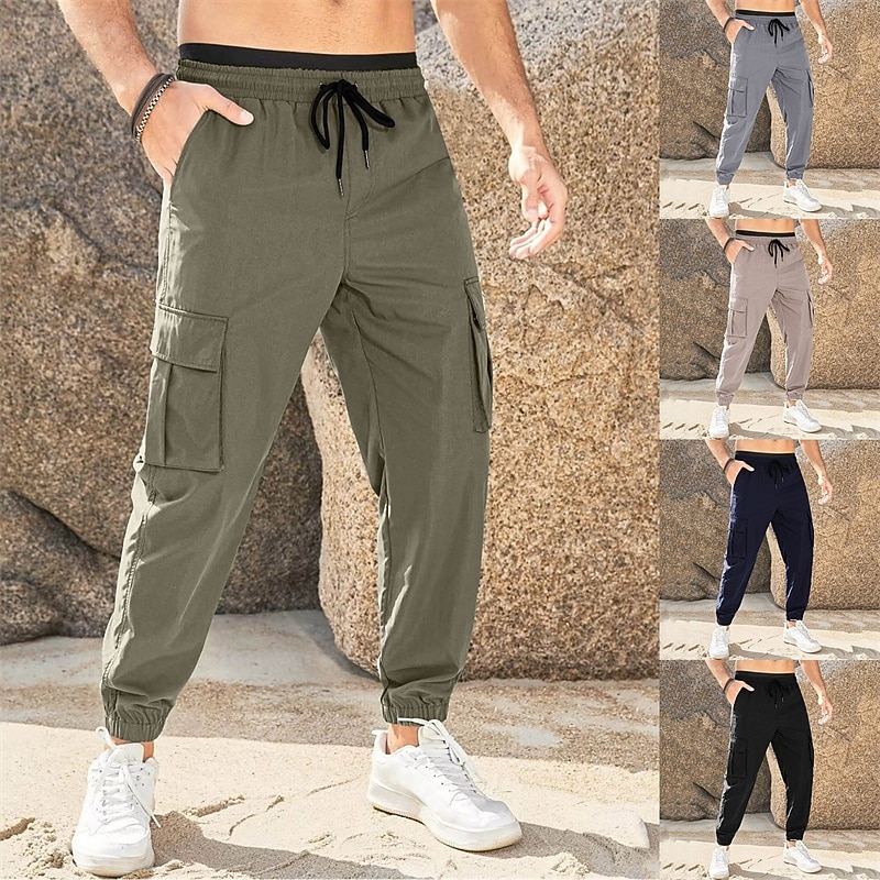 Men's Cargo Pants Joggers Trousers Casual Pants Drawstring Elastic Waist Multi Pocket Plain Comfort Soft Full Length Outdoor Daily Running Fashion Streetwear Black Green