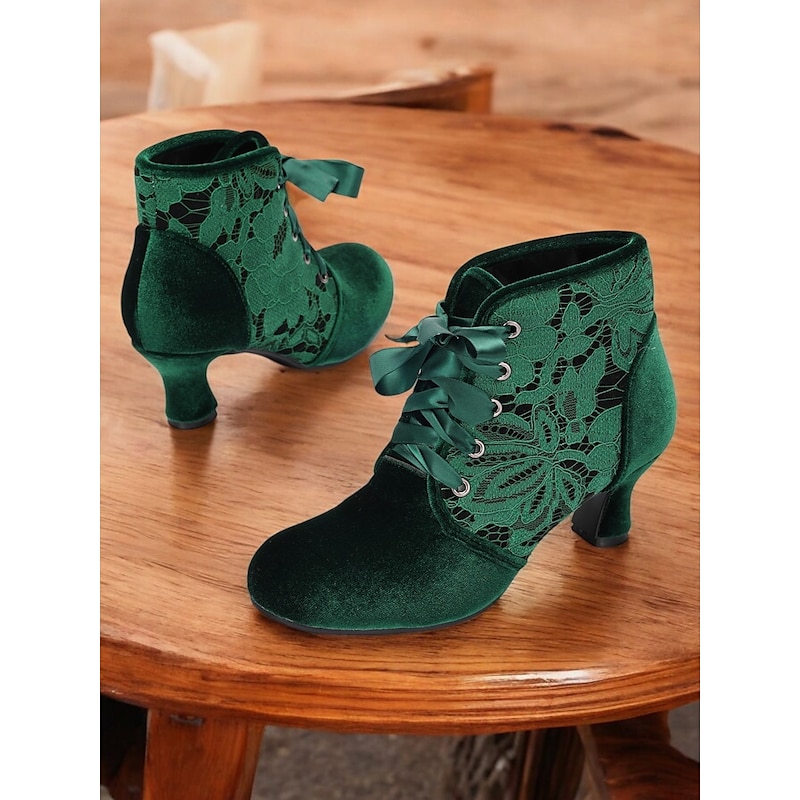 Women's Elegant Green Velvet Lace-Up Ankle Boots with Kitten Heel  Floral Lace Detail Comfortable  for Parties Victorian Cosplay and Special Occasions