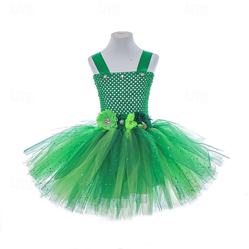 Kids Girls' Cosplay Dress Party Dress Solid Color Flower Sleeveless Performance Birthday Mesh Beautiful Sweet Polyester Knee-length Party Dress A Line Dress Tulle Dress Summer 4-12 Years Green2