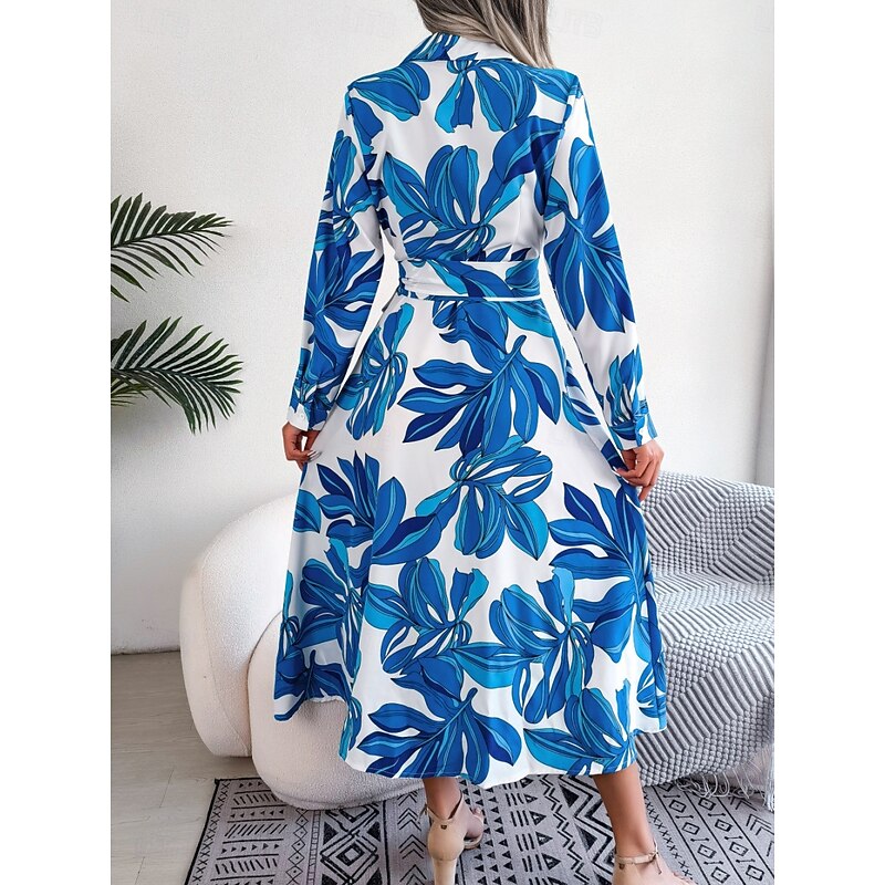 Women's Maxi Dress Shirt Dress Casual Dress A Line Dress Stylish Casual Vacation Daily Regular Fit Floral Long Sleeve Shirt Collar Blue Orange Spring Fall2