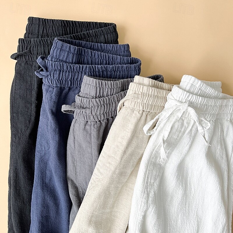 Men's Linen Pants Trousers Summer Pants Casual Pants Drawstring Elastic Waist Straight Leg Plain Comfort Breathable Ankle-Length Casual Daily Holiday Fashion Classic Style Black White