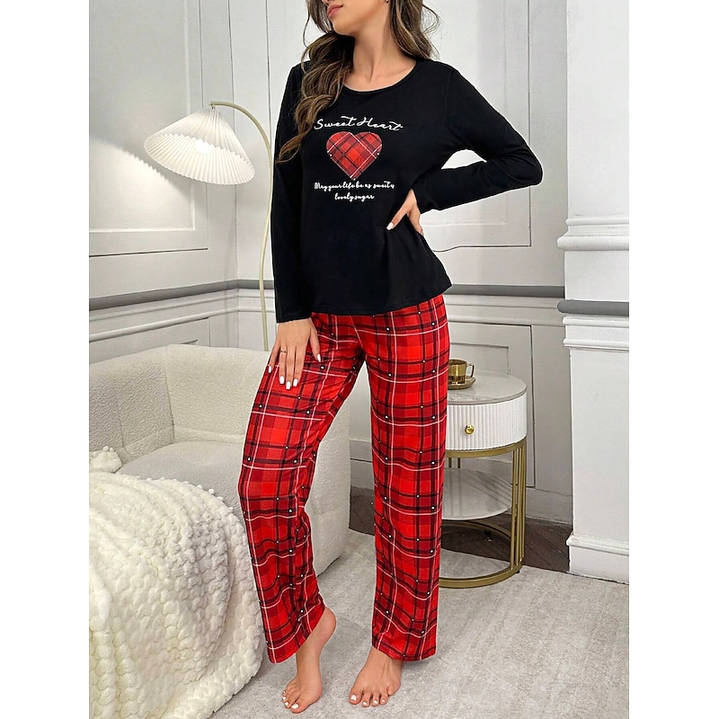 Women's Pajama Set Casual Comfort Comfrt Heart T Shirt Pant Home Long Sleeve Crew Neck Red Spring Fall Winter3
