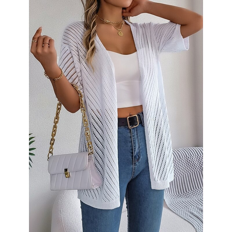 Women's Sweater Cardigan Casual Soft Pure Color Ribbed Open Front Knitted Short Sleeves Regular Tops Knit Outdoor Daily Weekend White Khaki Summer4