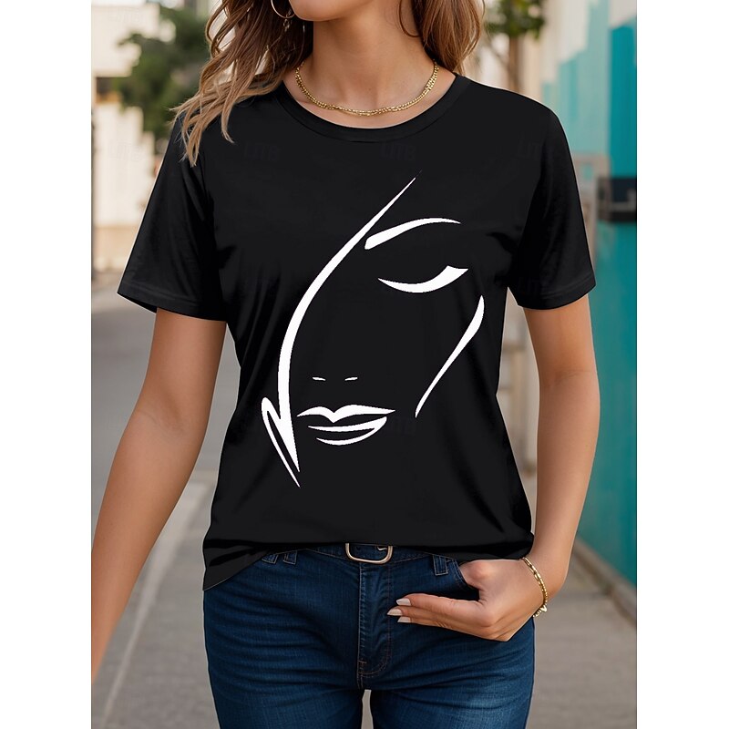 Women's T shirt Tee Black White Red Floral Short Sleeve Casual Daily Basic Round Neck Regular S4