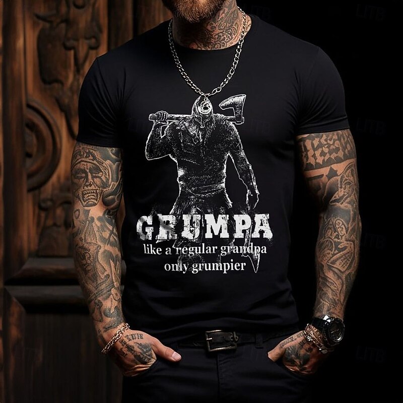 Men's Vintage Viking Grandpa T Shirt Tee Top 100% Cotton Short Sleeve Graphic Shirt Black Comfortable Tee Vacation Street Fashion Designer Clothing