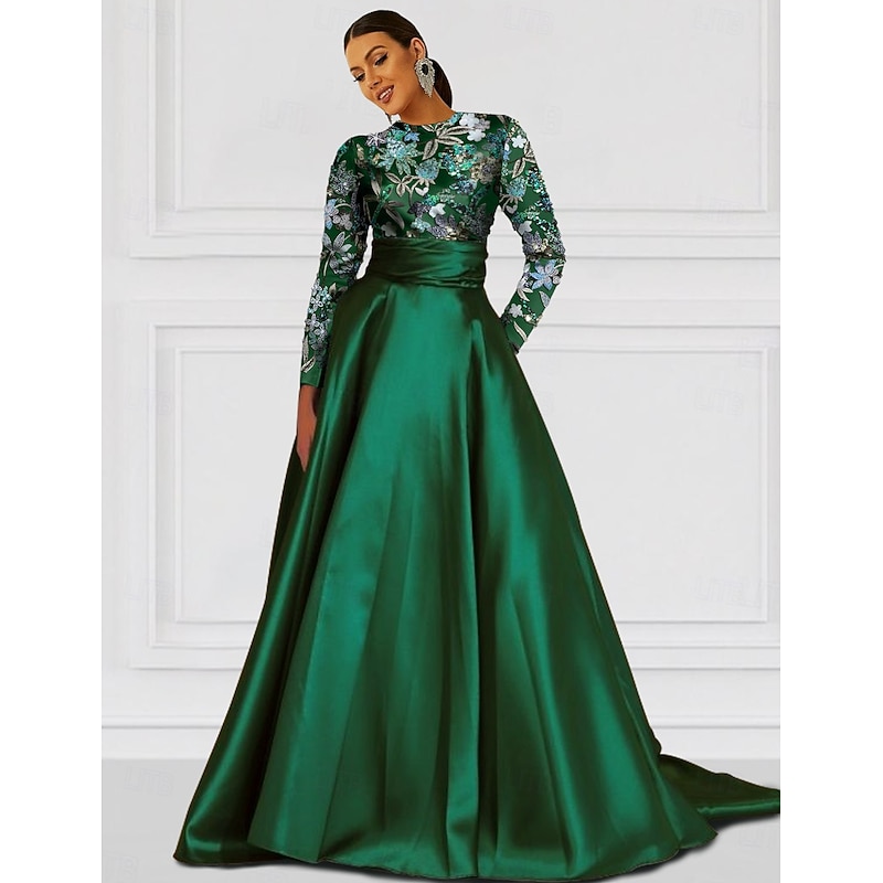 A-Line Evening Gown Elegant Dress Formal Wedding Floor Length Long Sleeve Jewel NeckMother Of the Bride Dress Satin with Slit Embroidery Appliques