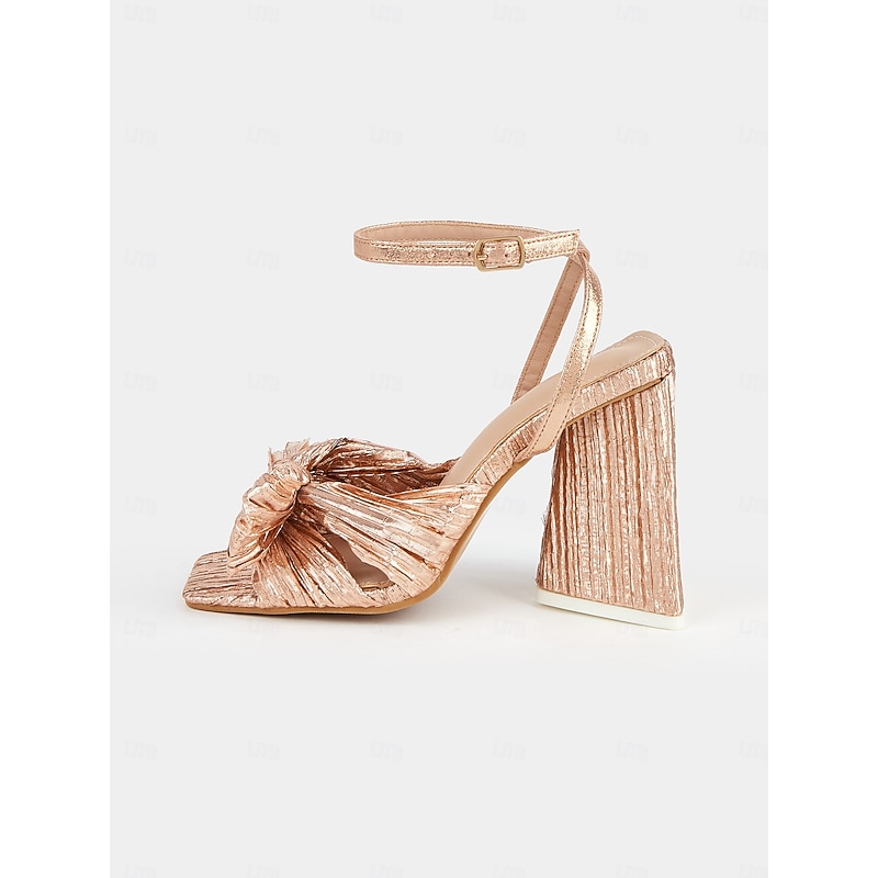 Rose Gold Block Heel Sandals with Textured Knot Detail and Adjustable Straps - Women's Elegant Evening or Party Wear4