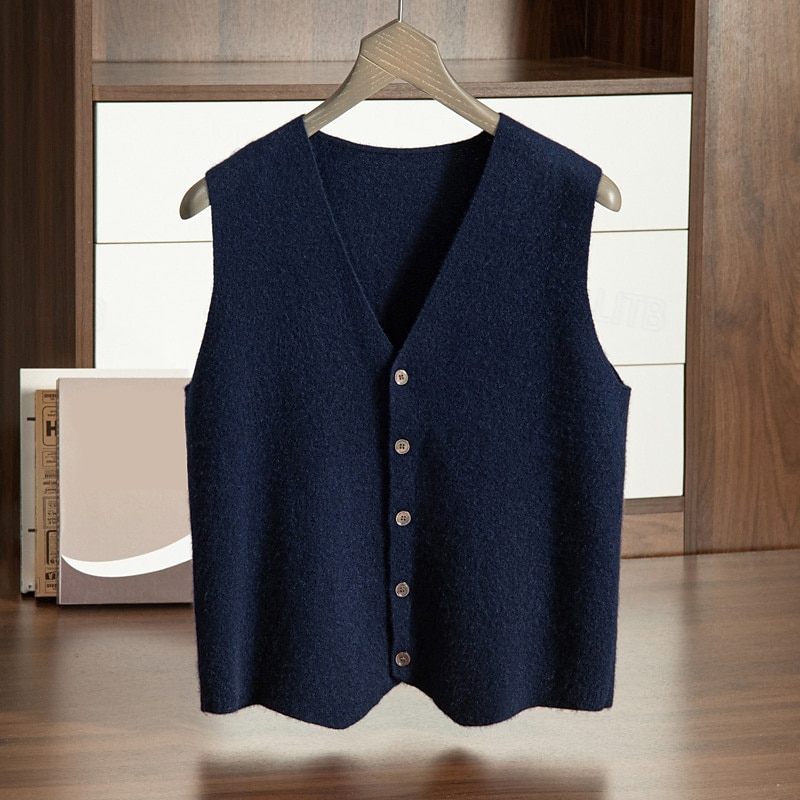 Men's 100% Cashmere Cardigan Vest Knit Button Up V Neck Knitwear Elegant School Formal Clothing Apparel Spring Fall Black Navy Blue S M L2