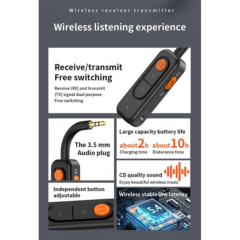 Bluetooth 5.4 Audio Transmitter Receiver 3.5MM AUX Stereo Music Wireless Adapter With Mic For Car Airplane TV PC Headphone2