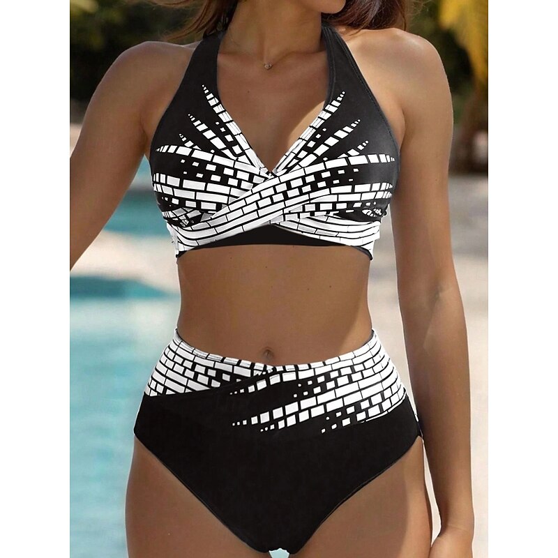 Women's Swimsuits Bikini 2 Piece Cheeky Swimsuit Backless Vacation Beach Wear Geometric Halter Neck Sleeveless Bathing Suits