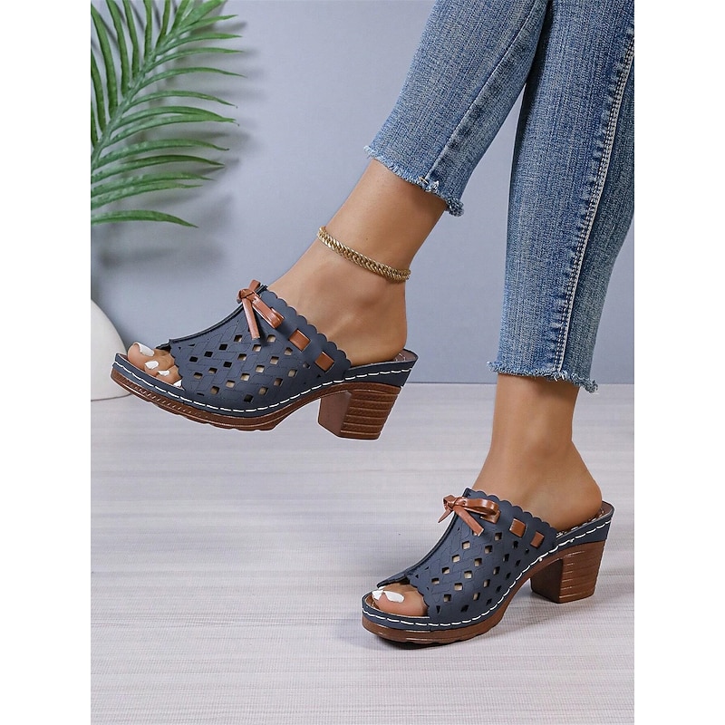 Women's Comfortable Blue Perforated Faux Leather Block Heel Sandals with Bowknot - Perfect for Summer
