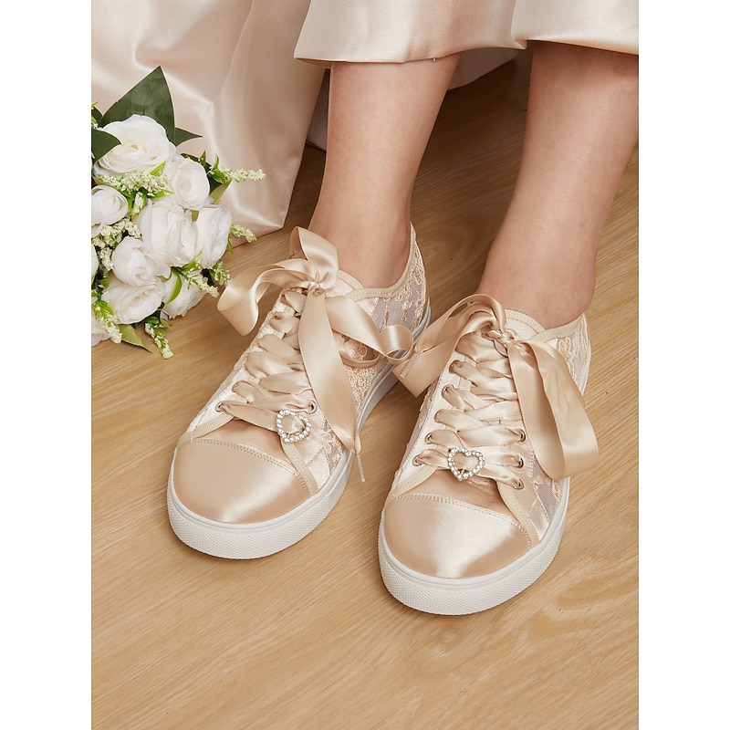 Champagne Satin Bridal Sneakers with Lace Details and Rhinestone Heart Charm - Comfortable Wedding Shoes for Women4