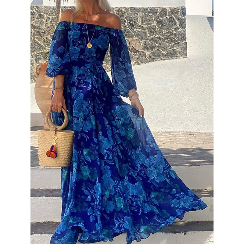 Women's Floral Off Shoulder Maxi Dress Long Sleeve Summer Spring