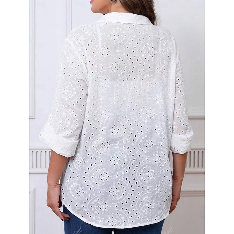 Women's White Elegant Lace Tops Eyelet Blouse Floral Regular Tops Long Sleeve Shirt Collar Buttons Eyelet Regular Fit Daily Romantic Petite Tops Summer Holiday Wear White Purple2