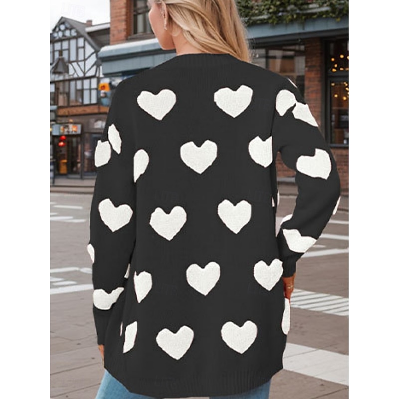 Women's Valentine Pink Sweater Cardigan Casual Soft Heart Ribbed V Neck Buttons Knitted Long Sleeve Regular Tops Knit Outdoor Daily Weekend Black White Fall Winter4