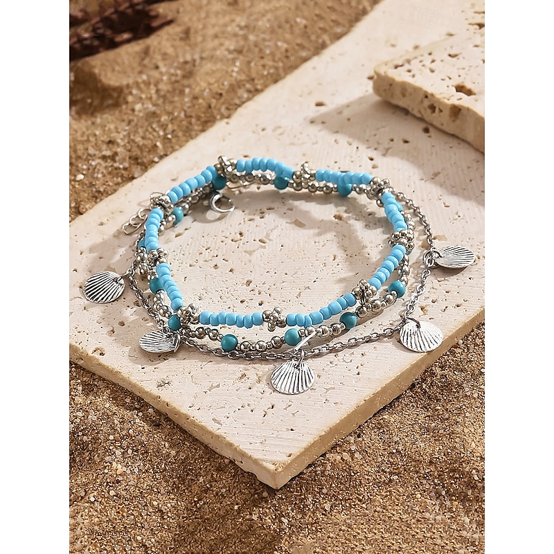 Boho Layered Anklet Set with Turquoise Beads and Shell Charms – Beach-Inspired Jewelry for Women, Perfect for Summer and Vacation Wear4