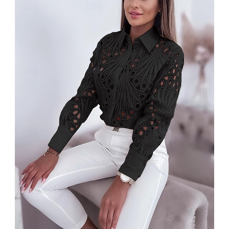 Blouse Women's Black White Dusty Rose Hollow Solid / Plain Color Hole Daily Elegant Lace V Neck S3