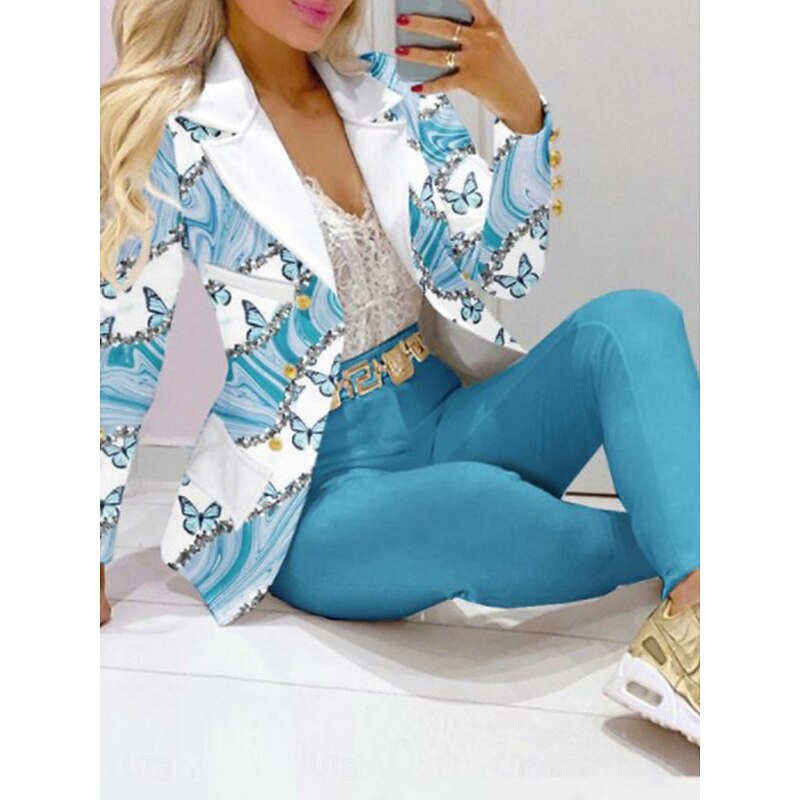 Women's Streetwear Daily Blazer Chinos Long Sleeve Shirt Collar Graphic Patchwork Casual Blue Spring &  Fall Regular Fit