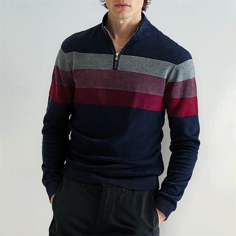 Men's Pullover Sweater Jumper Quarter Zip Sweaters Knit Sweater Ribbed Knit Regular Tops Knitted Color Block Half Zip Fashion Casual Vacation Daily Wear Clothing Apparel Fall & Winter Black Navy Blue