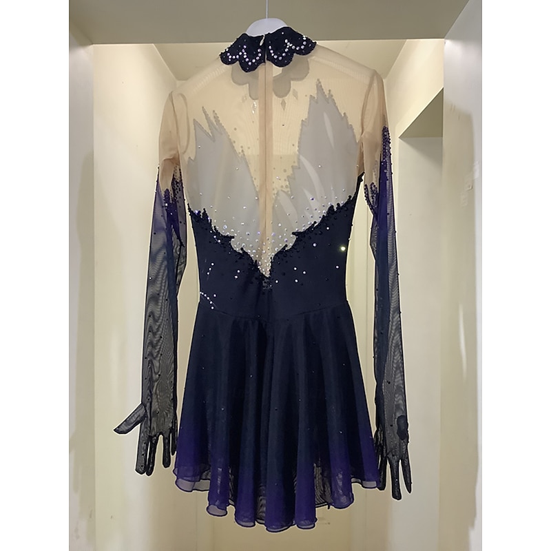 Figure Skating Dress Women's Girls' Ice Skating Dress Black Thumbhole Halo Dyeing Mesh Spandex Stretchy Training Practice Professional Skating Wear Thermal Warm Classic Crystal / Rhinestone Long4