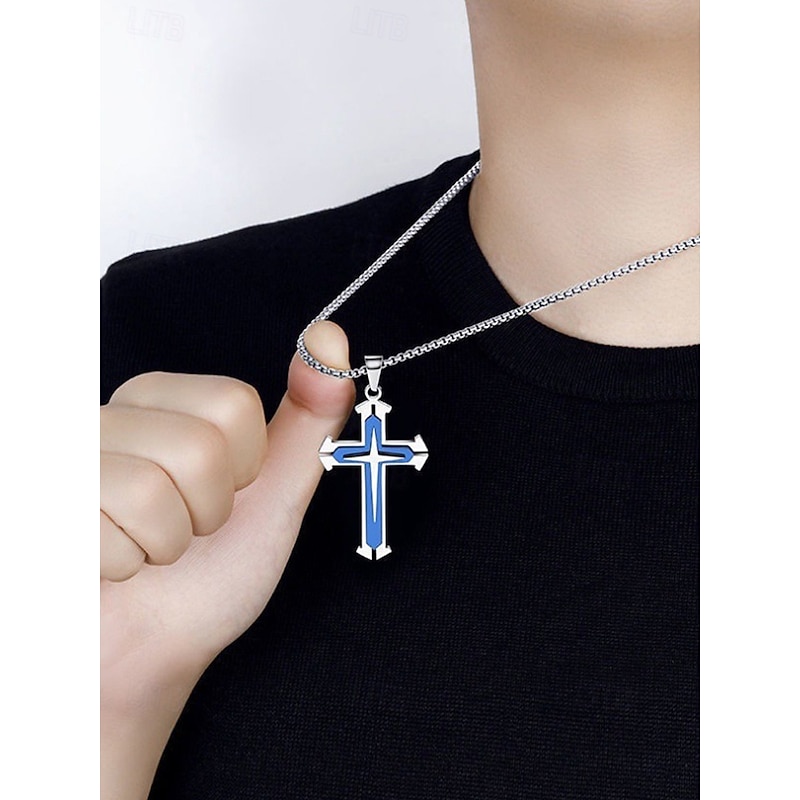 Men's Fashion Jewelry: Blue and Black Cross Necklace with Cuban Chain - Stylish and Durable2