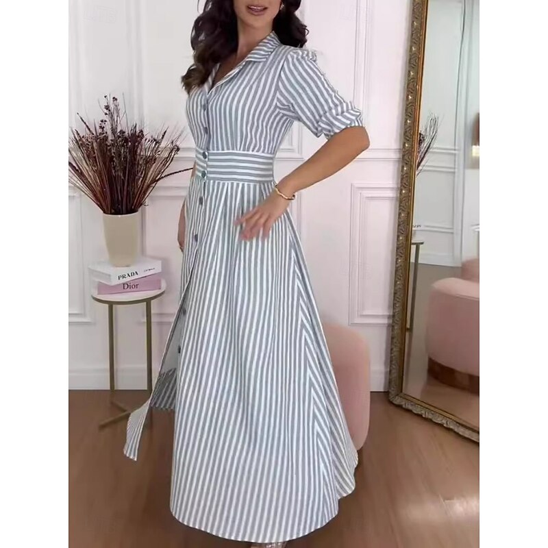 Women's Stripe Shirt Collar Maxi Dress 3/4 Length Sleeve Summer Spring2