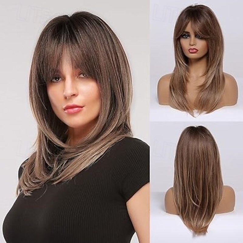 Long Layered Wigs for Women Synthetic Hair Wig with Bangs Natural Wavy Heat Resistant Wigs for Daily Party Use4