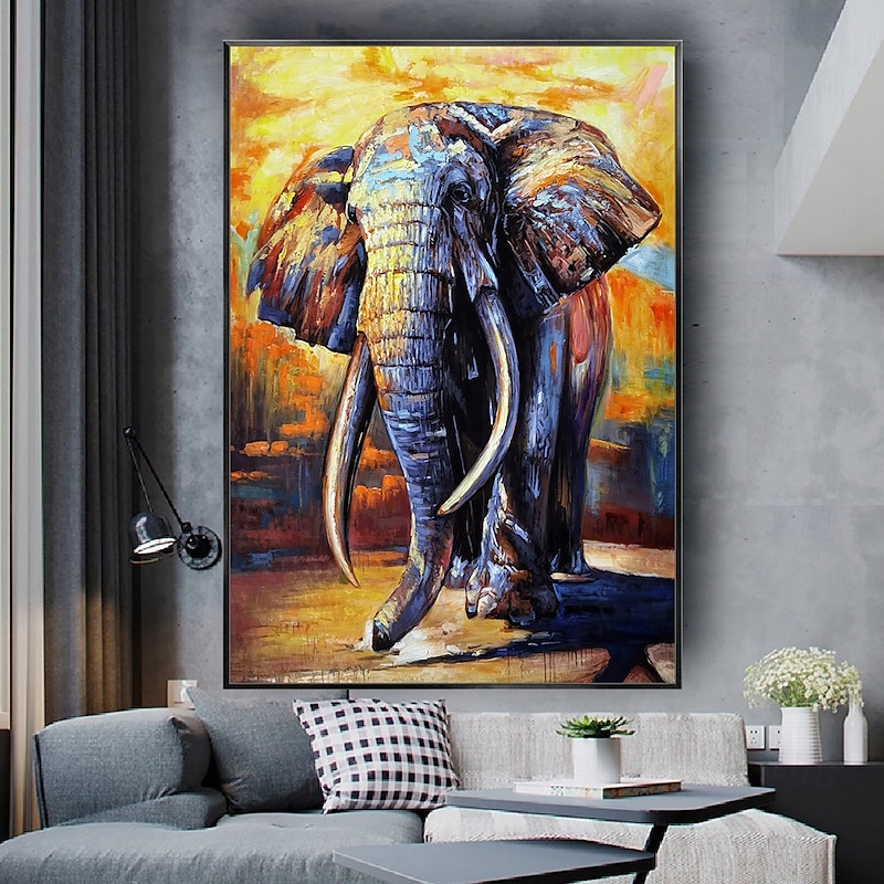 Mintura Handmade Abstract Animal Elephant Oil Paintings On Canvas Modern Wall Art Room Decoration Picture For Home Decor Rolled Frameless Unstretched Painting
