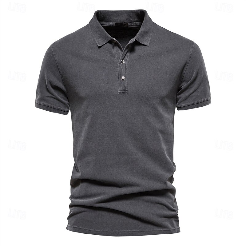 Men's 100% Cotton Polo Work Business Turndown Short Sleeve Vacation Vintage Solid Color Buttons Summer Spring Dark Grey Lake blue Army Green Polo3