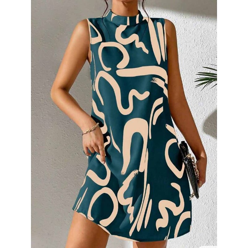Women's Graphic Stand Collar Mini Dress Sleeveless Summer