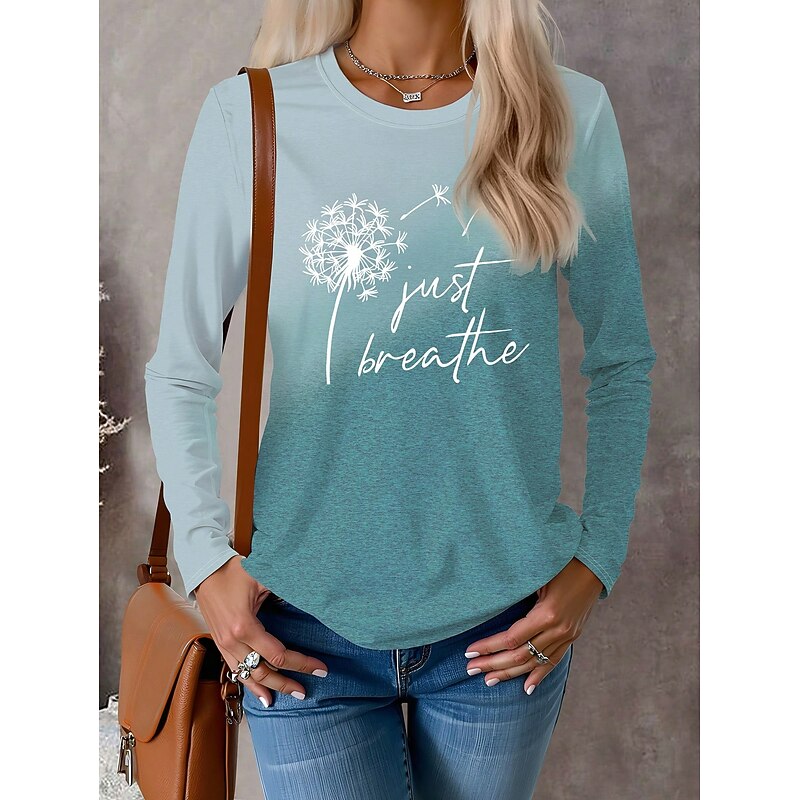 Women's T shirt Crew Neck Long Sleeve Tunic Letter Dandelion Modern Casual  Regular Tops Daily Weekend Print Blue Fall Winter3