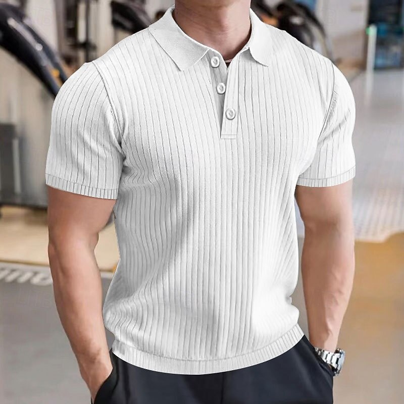 Men's Rib Knit Top Muscle Shirt Work Casual Classic Short Sleeve Basic Modern Solid Color Buttons Spring & Summer Slim Fit Black White Burgundy Light Grey Khaki Rib Knit Top4