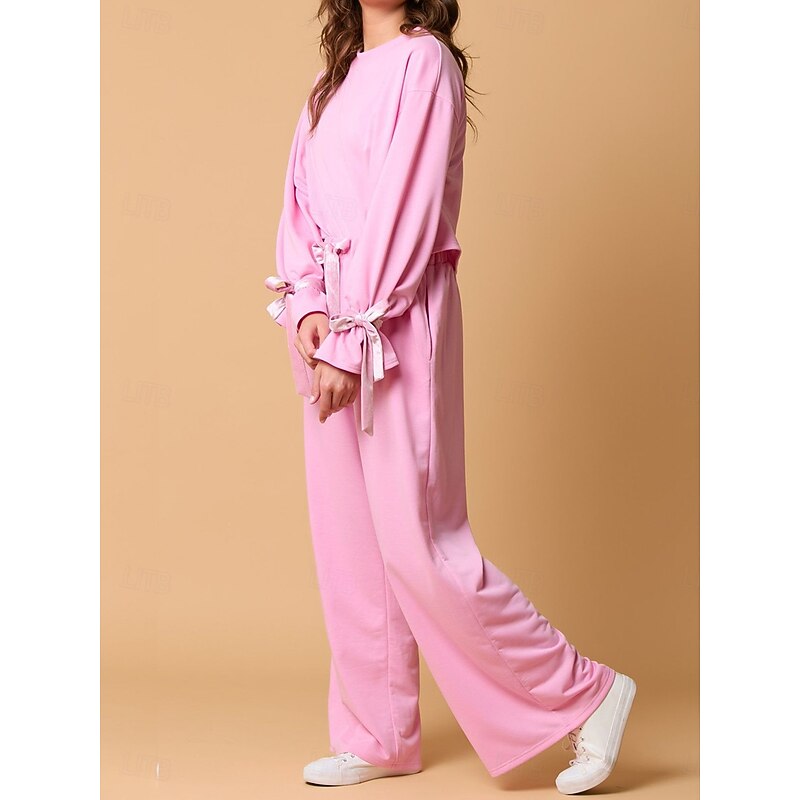 Women's Pajama Set Casual Comfort Pure Color Elastic Waist T Shirt Pant Home Daily Long Sleeve Crew Neck Pink Gray Fall Winter3