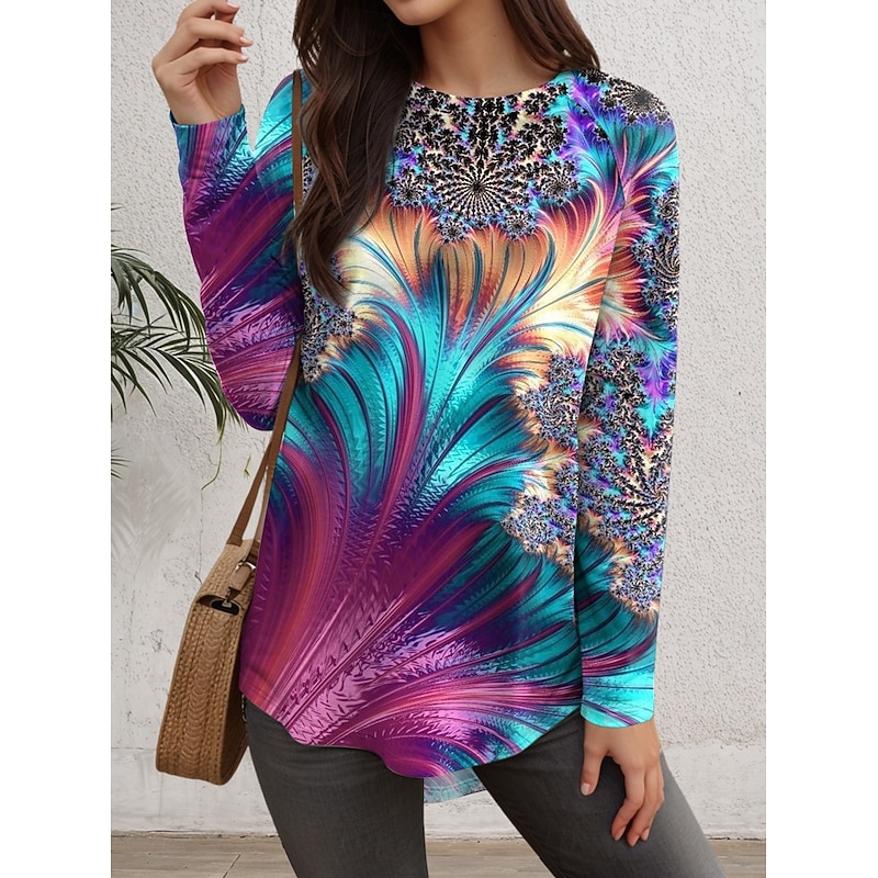 Women's T Shirt Tie Dye Casual Long Sleeve Crew Neck Long Tops Daily Print Blue Fall Winter2