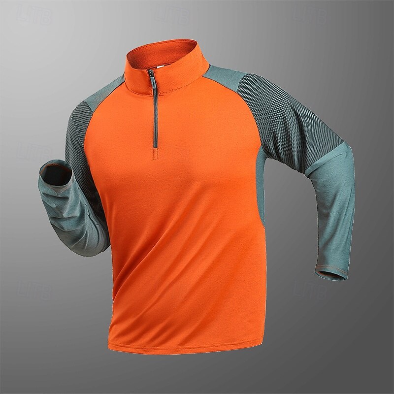 Men's T shirt Hiking Tee shirt Long Sleeve Quarter Zip Tee Tshirt Muscle T-Shirt Bodybuilding Stretch Tee Outdoor Quick Dry Workout Soft Sweat wicking Polyester Patchwork Black White Royal Blue Gym