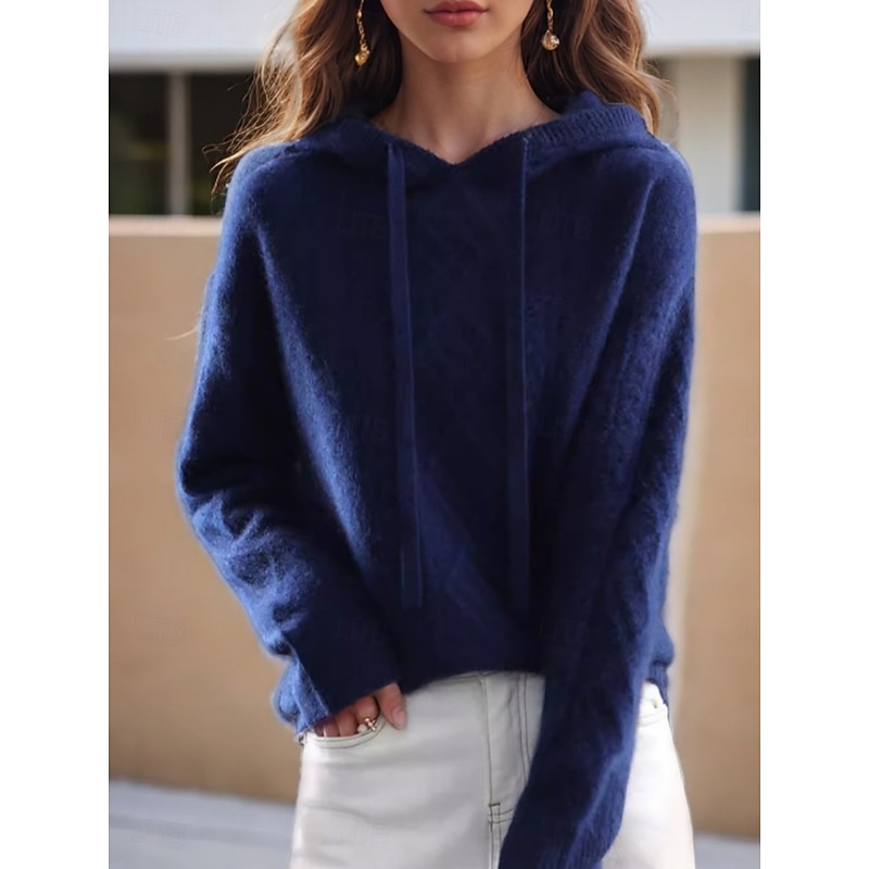 Women's Sweater Casual Soft Pure Color Ribbed Hooded Knitted Long Sleeve Regular Tops Knit Outdoor Daily Weekend White Navy Blue Fall Winter