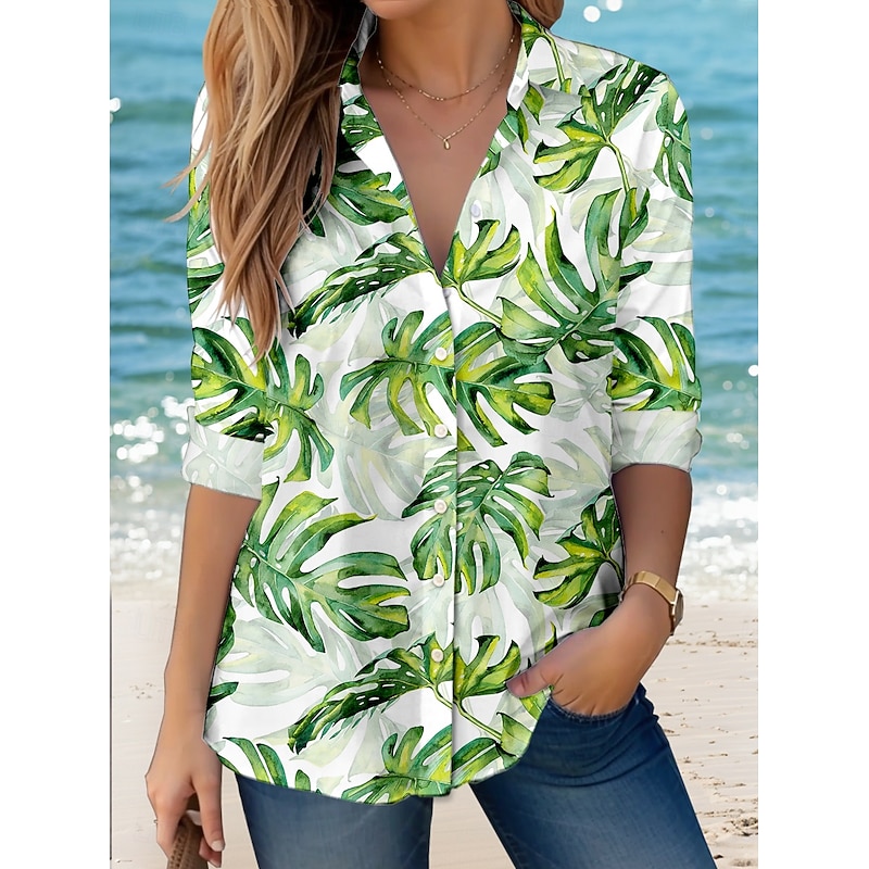Women's Shirt Button Down Tunic Shirt Collar Long Sleeve Hawaiian Casual Leaf Regular Tops s Print Regular Fit Work Daily Green Holiday Clothes Beach Wear3
