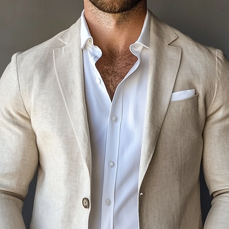 Men's Blazer Jacket Linen Blazer Notch Collar Fashion Casual Solid Colored Blazer Beige Standard Fit Single Breasted Two-buttons2
