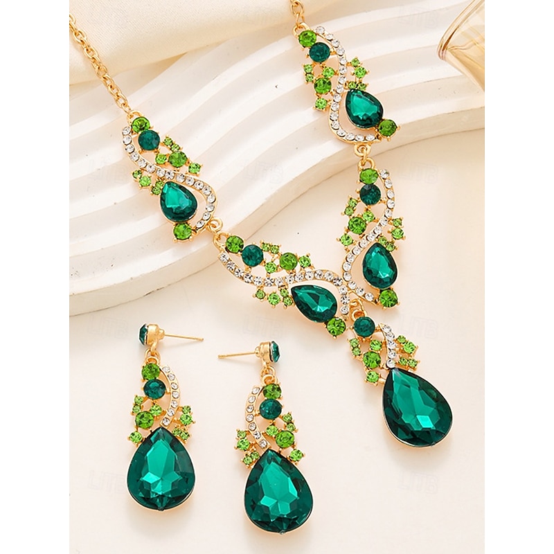 Women's Green Crystal Jewelry Set with Teardrop Necklace and Matching Earrings, Elegant Style for Weddings and Formal Events2