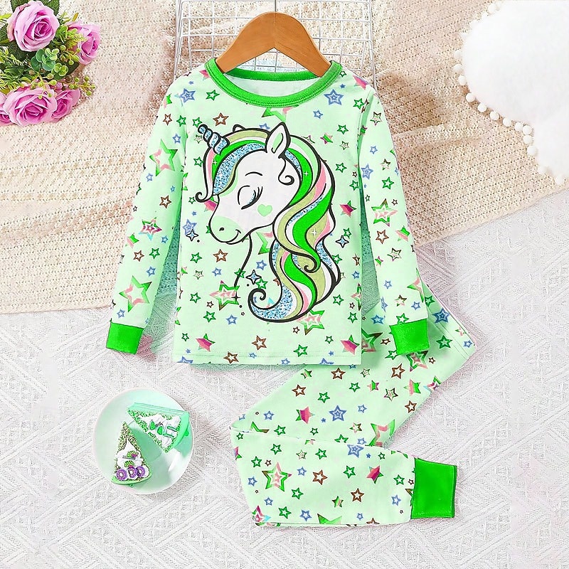 Girls' 3D Unicorn Pajama Sets Pink Long Sleeve 3D Print Fall Winter Active Fashion Cute Kids 3-12 Years Crew Neck Home Causal Indoor Regular Fit3