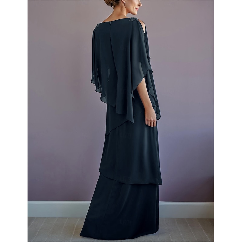 Beach Wedding A-Line Mother of the Bride Dress Formal Wedding Guest Elegant Bateau Neck Floor Length Chiffon Half Sleeve with Ruffles Draping Tier4