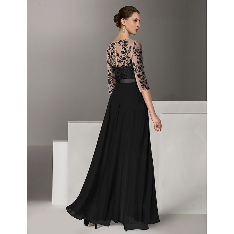 Jumpsuits Mother of the Bride  Beach Wedding Elegant Illusion Neck Floor Length Stretch Chiffon 3/4 Length Sleeve with Lace Solid Color4