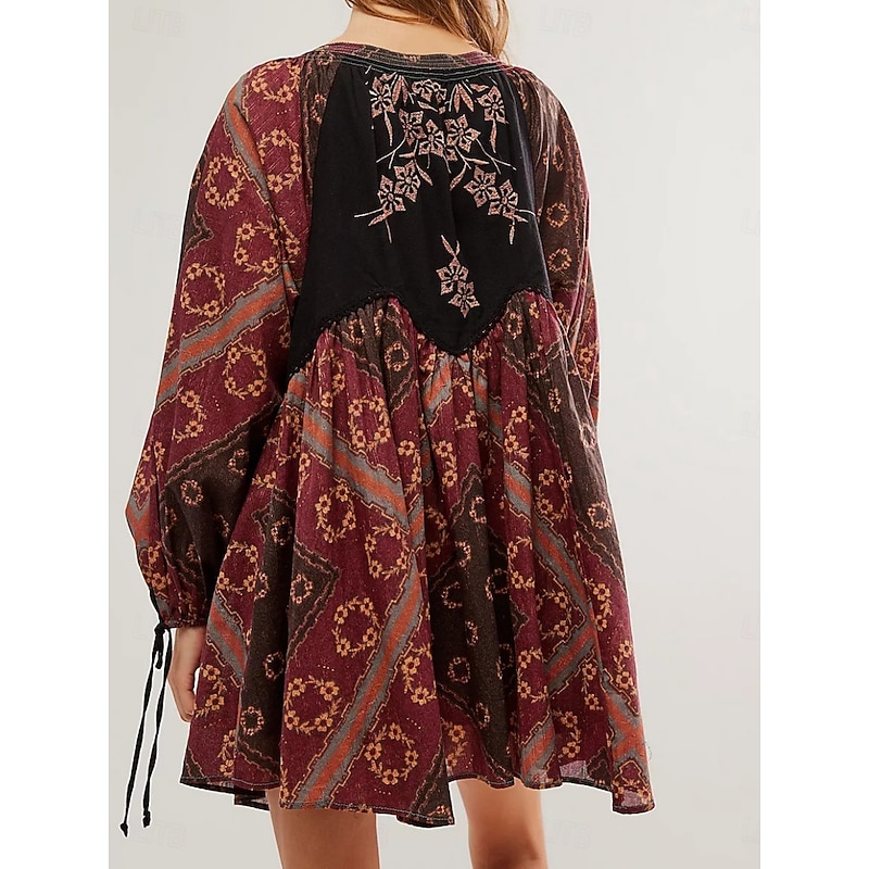 Women's Mini Dress Casual Dress Boho Dress Ethnic Casual Vacation Daily Regular Fit Floral Long Sleeve V Neck Wine Blue Green Spring Fall4