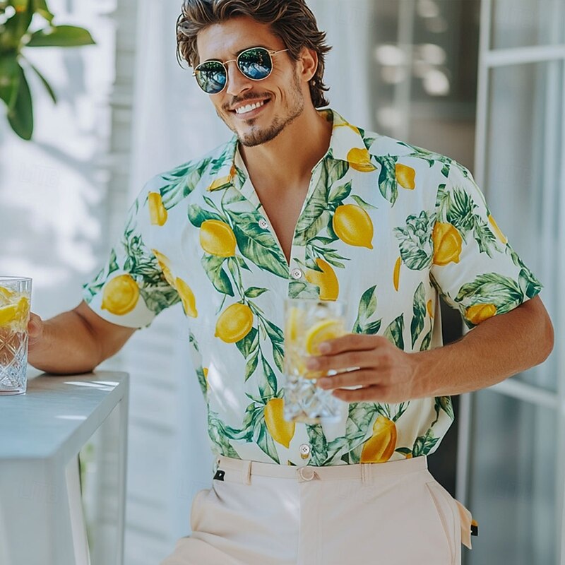 Men's Fruit Beach Shirt Aloha Shirt Short Sleeve Hawaiian Vacation Summer Spring Turndown Button Up Yellow Orange Green2