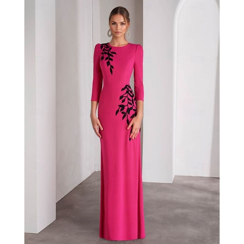 Mermaid / Trumpet Evening Gown Elegant Dress Formal Wedding Floor Length 3/4 Length Sleeve Jewel Neck Stretch Crepe with Embroidery Appliques