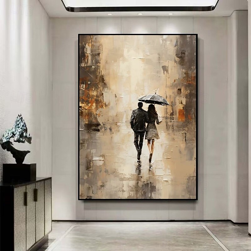 Handmade Oil Painting Canvas Wall Art Decoration Figure Lovers Hold Up An Umbrella Abstract Rain Street Landscape for Home Decor Rolled Frameless Unstretched Painting4