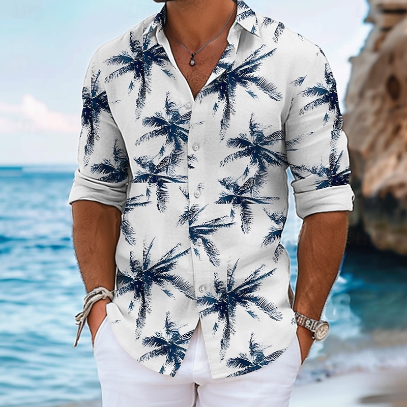 Men's Palm Tree Summer Hawaiian Shirt Aloha Shirt Long Sleeve Hawaiian Beach Vacation Summer Spring Turndown Button Up Blue Purple Green